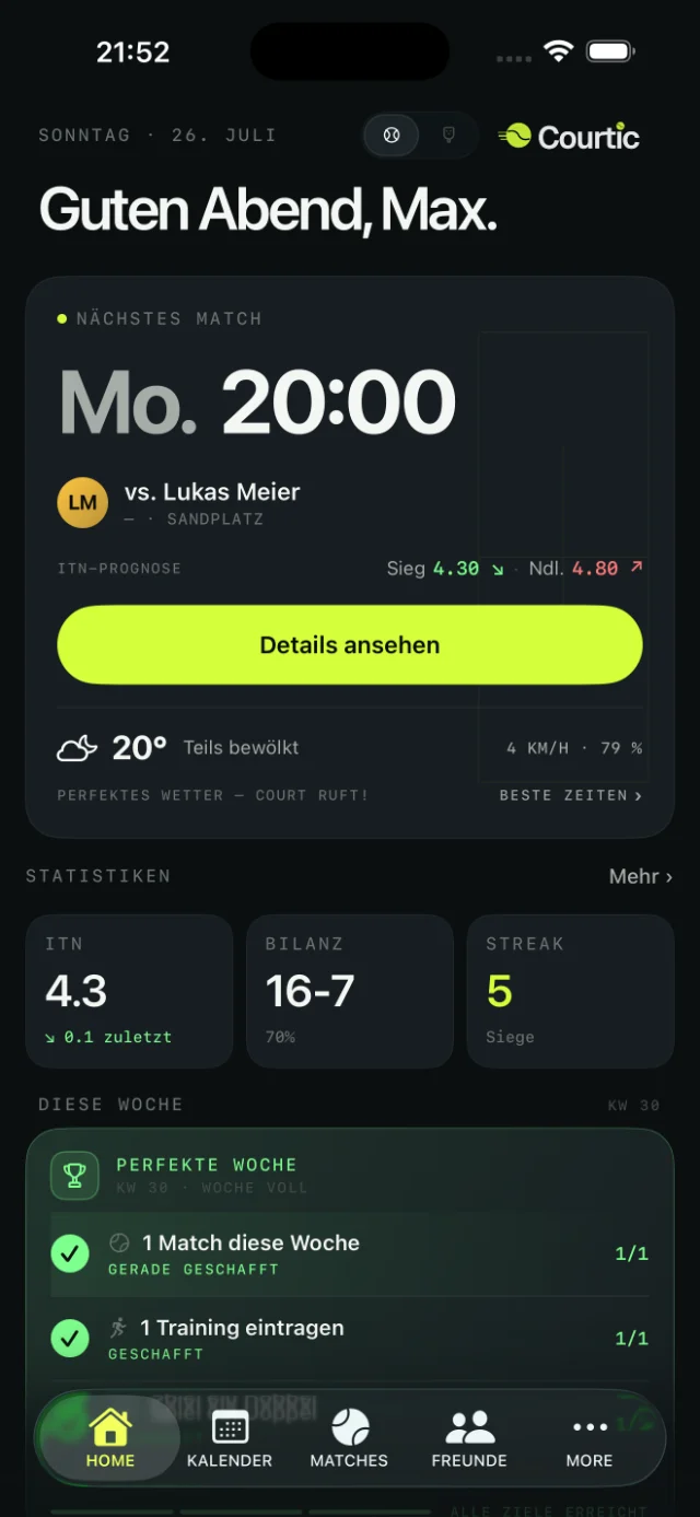 Courtic — Dashboard mit Tennis/Padel-Umschalter
